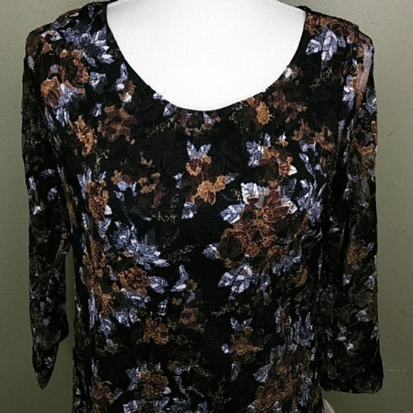 White Stag Black & Brown Lace Top with 3/4 Sleeves - L - NWT - Picture 2 of 8